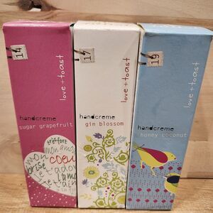3 Pk LOVE & TOAST Hand Creme Honey Coconut Gin Blossom Sugar Grapefruit 1.25oz